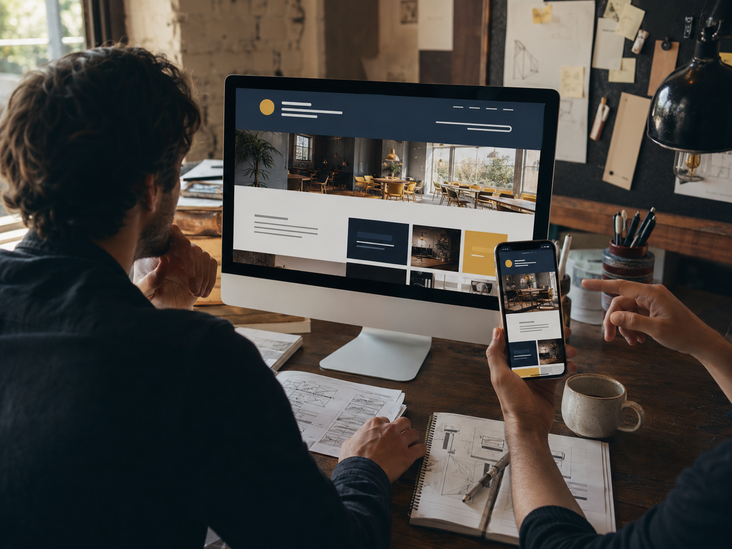 A website design being reviewed across desktop and mobile screens